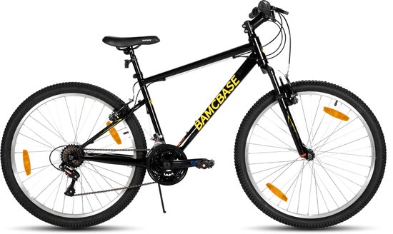 BAMCBASE Agave Voorvering Mountainbike - 27.5 inch - Carbonstalen Frame - 18 Versnellingen - Handrem - V-Brake - Spatborden - Zwart - Geschikt voor buitenactiviteiten in de lente van Bamcbase