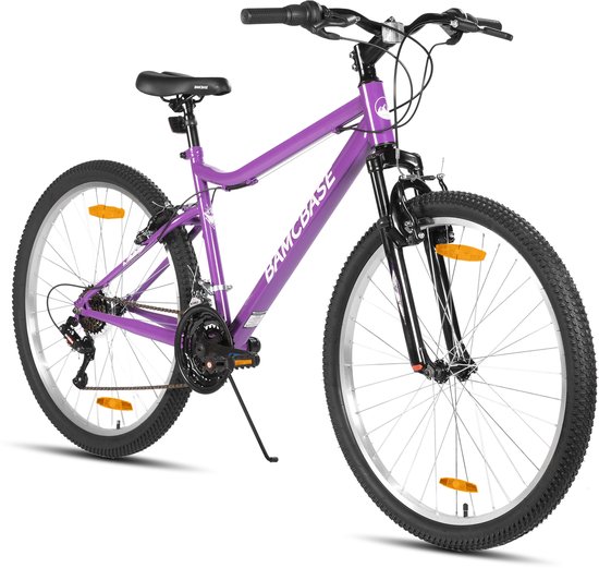 BAMCBASE Lilac Voorvering Mountainbike - 26 inch - Carbonstalen Frame - 18 Versnellingen - Handrem - V-Brake - Spatborden - Paars van Bamcbase