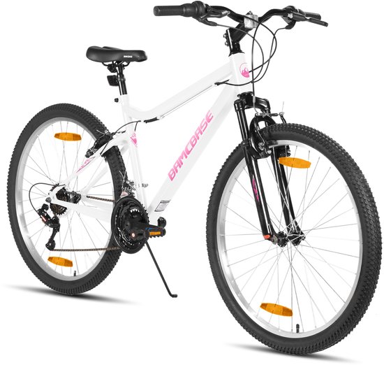 BAMCBASE Lilac Voorvering Mountainbike - 26 inch - Carbonstalen Frame - 18 Versnellingen - Handrem - V-Brake - Spatborden - Wit - Geschikt voor buitenactiviteiten in de lente