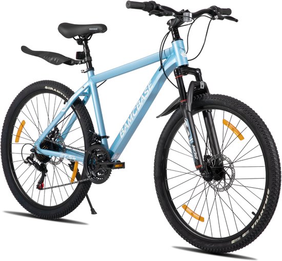 Bamcbase Sedona voorvering mountainbike - 26" - aluminium frame - 21 versnellingen - handrem - mechanische schijfremmen - Bell - spatborden - blauw - Geschikt voor buitenactiviteiten in de lente van Bamcbase