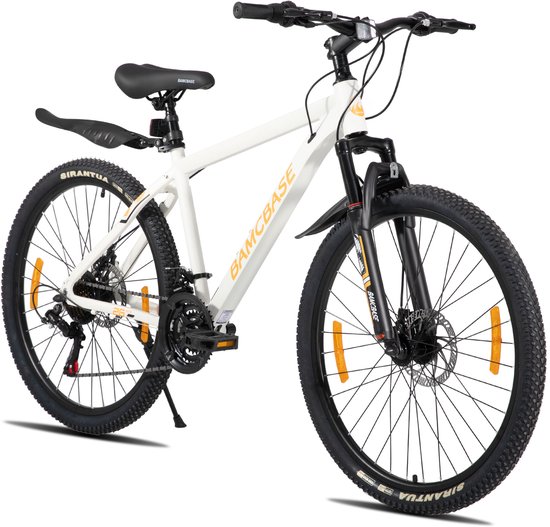Bamcbase Sedona voorvering mountainbike - 27.5" - aluminium frame - 21 versnellingen - handrem - mechanische schijfremmen - Bell - spatborden - wit - Geschikt voor buitenactiviteiten in de lente