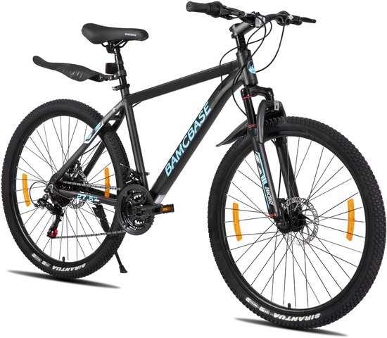 Bamcbase Sedona voorvering mountainbike - 27.5" - aluminium frame - 21 versnellingen - handrem - mechanische schijfremmen - Bell - spatborden - zwart - Geschikt voor buitenactiviteiten in de lente