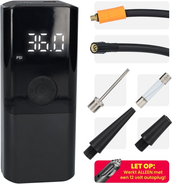 Bandenpomp Auto - Auto accessoires - Elektrische luchtcompressor - Elektrische Fietspomp - 12V Aansluiting - Met vier opzetstukken - Compressor - Handig draagzakje - Compact formaat - Zwart