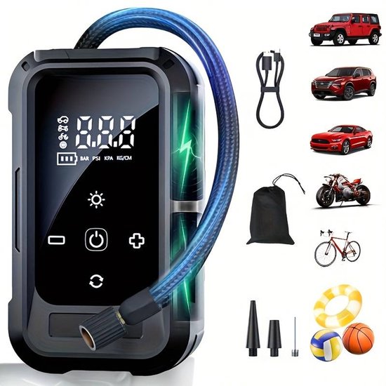 Bandenpomp, draadloze luchtpomp, 5,5 x 3,1 inch (ongeveer 14 x 8 cm) compressor met digitaal display, draagbare bandenpomp, geschikt voor motorfietsen, kamperen, voertuigen, roadtrips, thuisgebruik, woon-werkverkeer en autorijden.