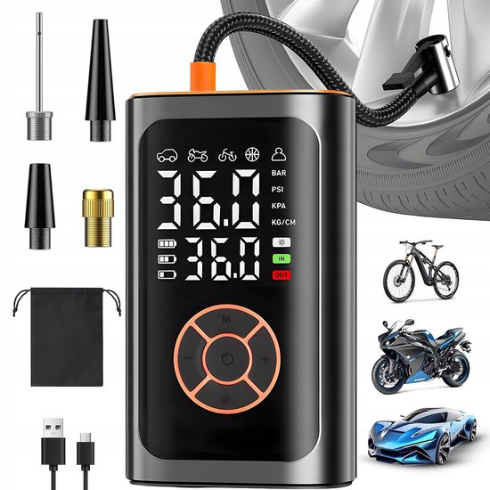 Bandenpomp - Luchtcompressor Draagbare - Elektrische Fietspomp - Compressor - 20 L/min - LCD Display - Zaklamp - Powerbank - 5 Standen - 4 Eenheden - Oververhittingsbeveiliging - Voor Auto & Motor & Fiets & Bal