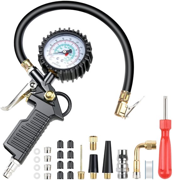 bandenspanningsmeter, 220 PSI bandenpomp, met rubberen slang, ventielgereedschap, compressoraccessoires, conversiemondstuk, adapter, geschikt voor compressor auto motorfiets fiets vrachtwagen