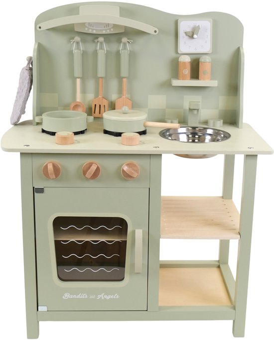 Bandits & Angels Houten Kinderkeuken Chef Deluxe Green vanaf 2 jaar voor Jongens en Meisjes - Aanrechthoogte 46 cm - incl. 8 Accessoires - Kinder Keuken Groen - Keukentje Hout van Bandits & Angels
