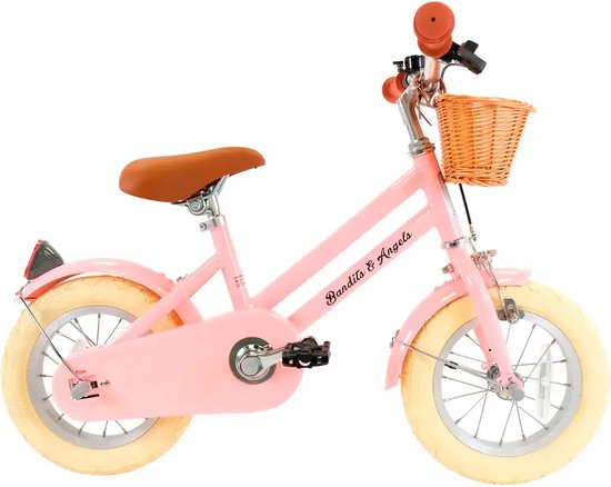 Bandits & Angels Kinderfiets 12 inch Retro Rider roze vanaf 3 jaar - Metalen Kinder Fiets voor Meisjes - Inclusief Stuurmand - Verstelbaar zadel en stuur - 12 inch Luchtbanden