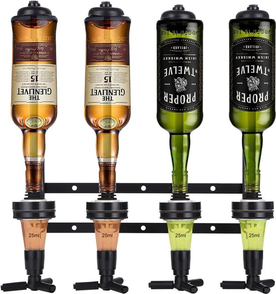 Bar Butler Bar flessenhouder en doseerder bar butler muur flessenhouder voor 4 flessen bar accessoire drankdispenser drankdispenser huisbar cocktailbar borreldispenser (zwart)