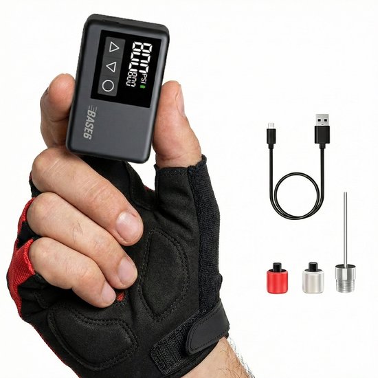 BASE6® Elektrische Fietspomp XS - 108 gram - Draagbaar - Smart Digitaal Display - Mini Luchtcompressor - Koersfiets - Racefiets - Gravelbike - Sportfiets - Stadsfiets - Mountainbike - Scooter - Ballen - USB-C Oplaadbaar - Presta/Schräder/Dunlop van Merkloos