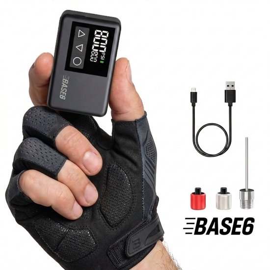 BASE6® Elektrische Fietspomp XS - 108 gram - Draagbaar - Smart Digitaal Display - Mini Luchtcompressor - Koersfiets - Racefiets - Gravelbike - Sportfiets - Stadsfiets - Mountainbike - Scooter - Fatbike - USB-C Oplaadbaar - Presta/Schräder/Dunlop