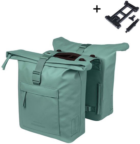 Basil Brooklyn - Dubbele fietstas - 41 Liter - Incl. MIK adapterplaat - Waterdicht - Reflectie details - Gerecycled materiaal - groen van Basil