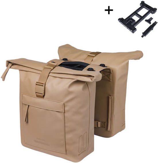 Basil Brooklyn - Dubbele fietstas - 41 Liter - Incl. MIK adapterplaat - Waterdicht - Reflectie details - Gerecycled materiaal - zand van Basil