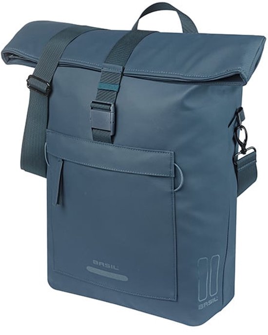 Basil Brooklyn - Enkele fietstas - 17 Liter - Waterdicht - Reflectie details - Gerecycled materiaal - MIK Hooks - Incl. laptopvak - blauw van Basil