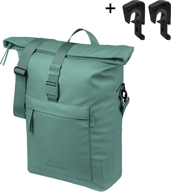 Basil Brooklyn - Enkele fietstas - 17 Liter - Waterdicht - Reflectie details - Gerecycled materiaal - MIK Hooks - Incl. laptopvak - groen