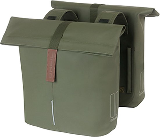 Basil City Dubbele Fietstas 28-32L Moss Green Waterafstotend Vegan Leather Reflecterend Universal Bridge Voor E-bike & Stadsfiets