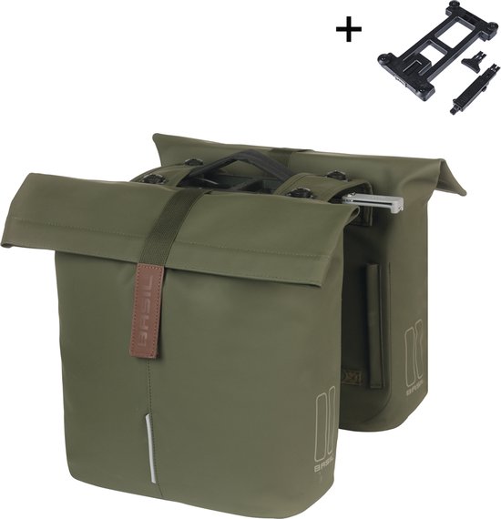 Basil City - Dubbele fietstas MIK - 28-32 Liter - Waterafstotend - Reflectiedetails - Moss green van Basil