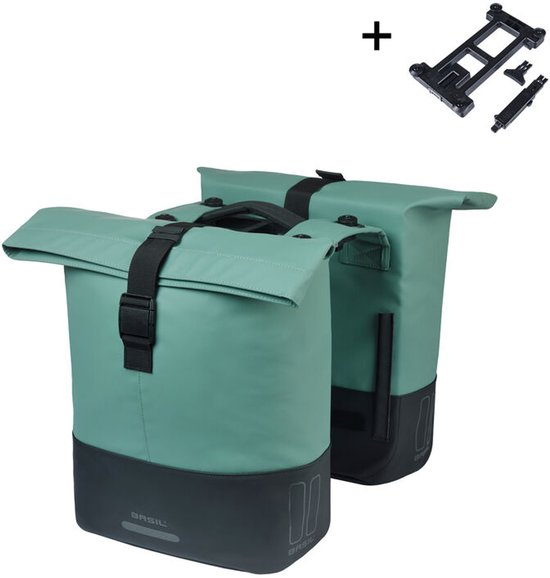 Basil Cove - Dubbele fietstas - 28-32 liter - Incl. MIK adapterplaat - Waterafstotend - Reflectie details - Gerecycled materiaal - groen/zwart van Basil