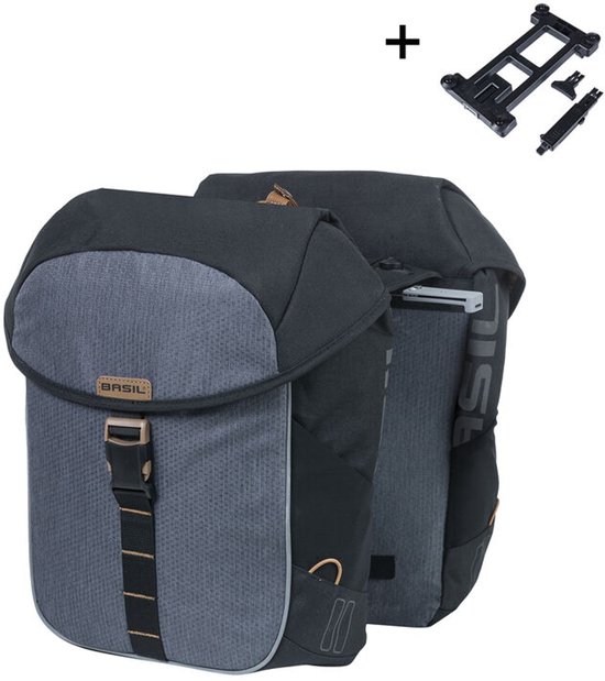 Basil Miles dubbele fietstas MIK, 34L, black slate - polyester - waterdicht - reflectiedetails van Basil