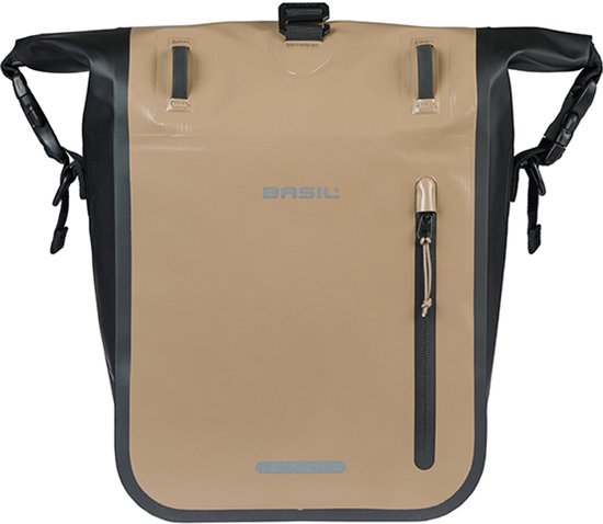 Basil Rivo - Enkele fietstas - 12-15 liter - MIK Hooks - Waterdicht - Reflectie details - Tarpaulin - zand