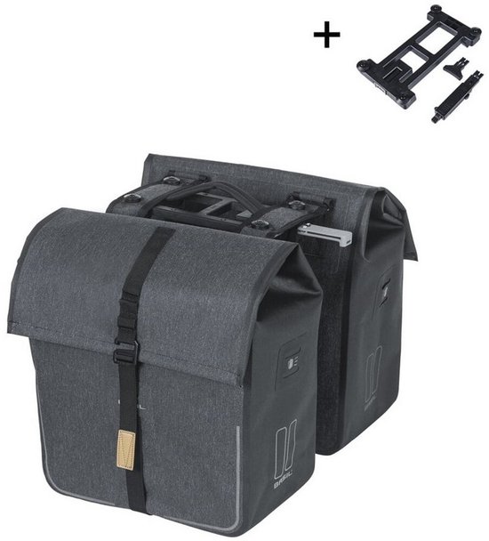 Basil Urban Dry dubbele fietstas MIK, 50L, charcoal - 100% waterdicht - reflectiedetails van Merkloos
