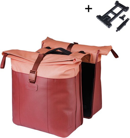 Basil Vive - Dubbele fietstas - 28-35 liter - Incl. MIK adapterplaat - Waterdicht - Reflectie details - Gerecycled materiaal - Bordeaux-Pink