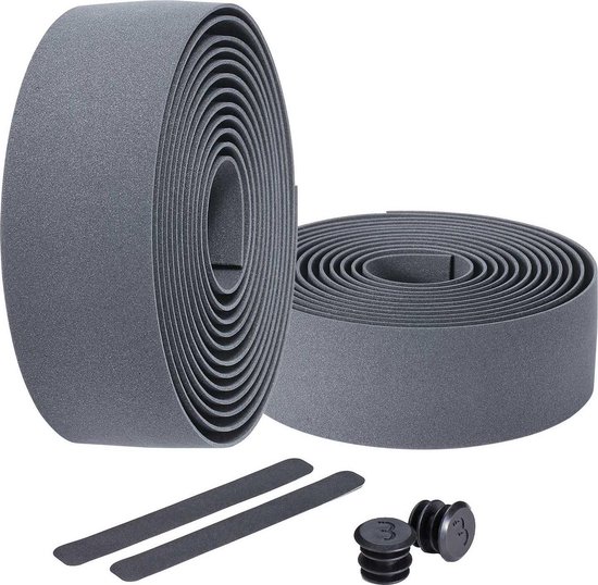 BBB Cycling Stuurlint Racefiets - Zelfklevend Stuurtape met Stretch Materiaal - Antislip - Lengte: 200cm - Dikte: 2mm - Inclusief Stuurdoppen - Grijs - RaceRibbon BHT-01