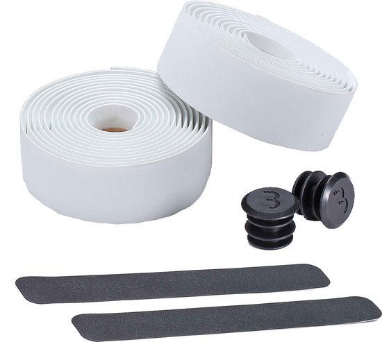 BBB Cycling Stuurlint Racefiets - Zelfklevend Stuurtape met Stretch Materiaal - Antislip - Lengte: 200cm - Dikte: 2mm - Inclusief Stuurdoppen - Wit - RaceRibbon BHT-01