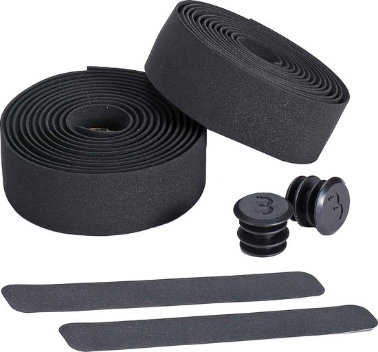 BBB Cycling Stuurlint Racefiets - Zelfklevend Stuurtape met Stretch Materiaal - Antislip - Lengte: 200cm - Dikte: 2mm - Inclusief Stuurdoppen - Zwart - RaceRibbon BHT-01 van BBB Cycling