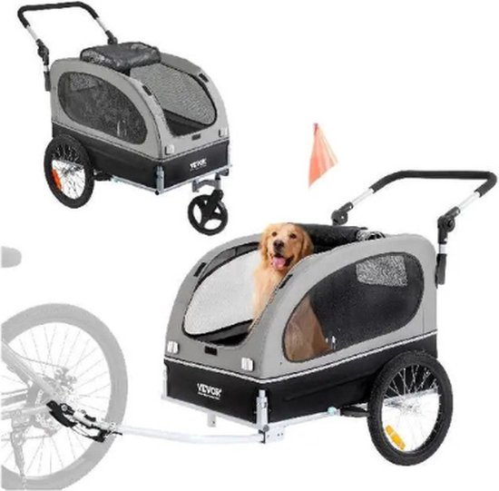 BBV Huisdier fiets trailer - Fietskar hond - Hondenkar Inklapbaar - 144x72x78 Cm - Kleine & Grote Hond - Grijs/Zwart van BBV
