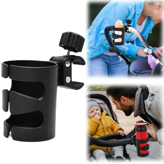 Bekerhouder - bekerhouder voor kinderwagen - flessenhouder - verstelbare klem - fiets accessoire - voor kinderwagens, rolstoelen, fietsen, rollators, scooters (10*8 cm - zwart)