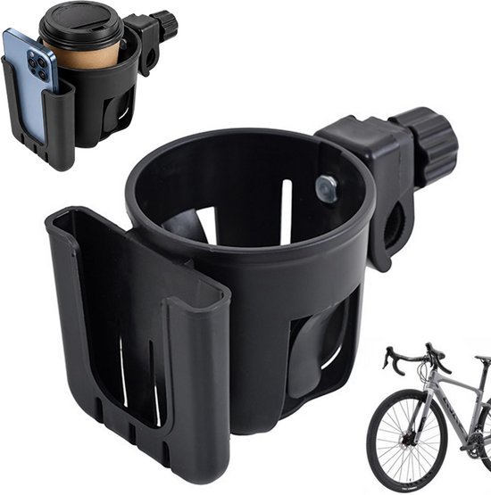 Bekerhouder Fiets - 2-in-1 bekerhouder en telefoonhouder - Fleshouder fiets - Zwart - 10 cm hoog - voor fiets, wandelwagen, rollator en scooter