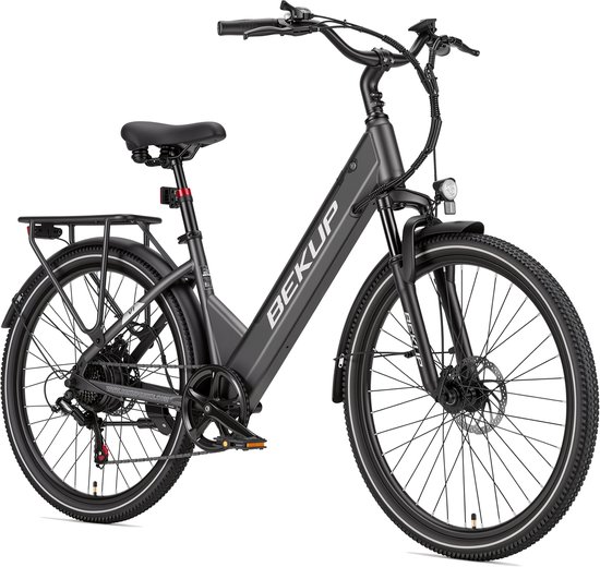 Bekup V1 26 inch elektrische lage instap fiets - Comfortabele stadsfiets - 36V 14,5Ah accu - 250W achterwielmotor - Actieradius tot 75 km - Shimano 7 versnellingen - Verende voorvork - Geveerde zadelpen - Titaangrijs