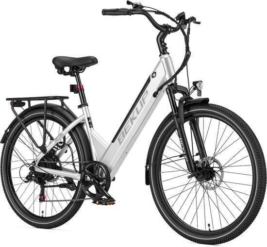 Bekup V1 26 inch elektrische lage instap fiets - Comfortabele stadsfiets - 36V 14,5Ah accu - 250W achterwielmotor - Actieradius tot 75 km - Shimano 7 versnellingen - Verende voorvork - Geveerde zadelpen - Zilverwit