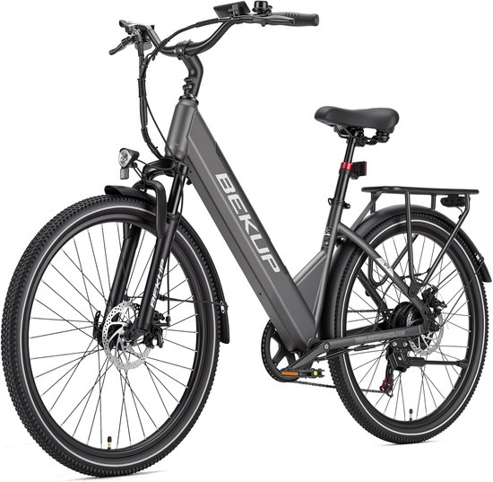 Bekup V1 Elektrische stadsfiets - 26 inch lage instap - 522Wh lange actieradius accu - 250W achterwielmotor - 45Nm koppel - Shimano 7 versnellingen - Schijfremmen voor en achter - LCD-display - Geveerde zadelpen - Titaangrijs