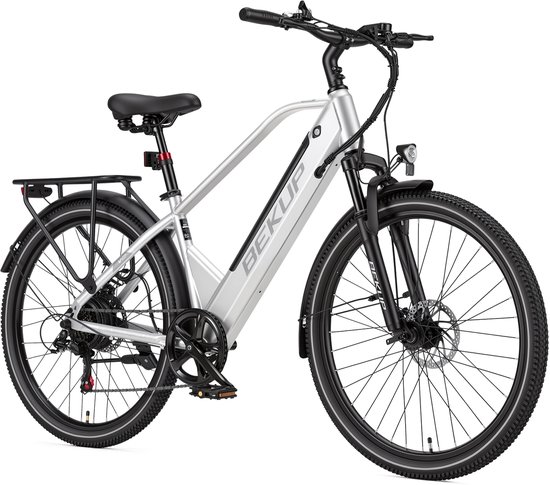 Bekup V2 Elektrische stadsfiets - 26 inch frame met hoge instap - 36V 14,5Ah accu met lange actieradius - 250W achterwielmotor - 45Nm koppel - Shimano 7 versnellingen - Voor- en achter schijfremmen - LCD-display - Zilverwit