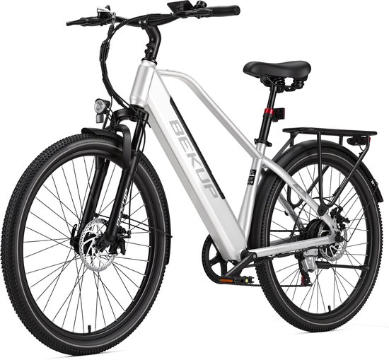 Bekup V2 Elektrische stadsfiets 26 inch - Hoge instap frame - Krachtige 250W achterwielmotor - 45Nm ondersteuning - Lange afstand accu - Shimano 7-speed - LCD-display - Comfortabel dagelijks gebruik - Zilverwit
