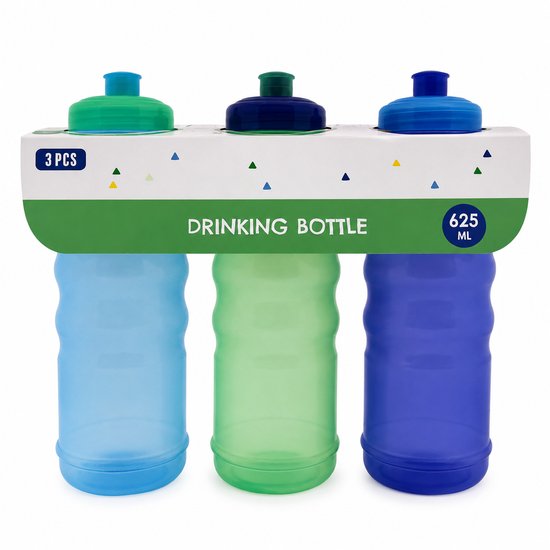 Benza Drinkflessen Set van 3 – 625 ml – Bidons / Sportbidons – Herbruikbare Waterflessen – blauw, groen & donkerblauw – Voor School, Sport, Fitness & Onderweg