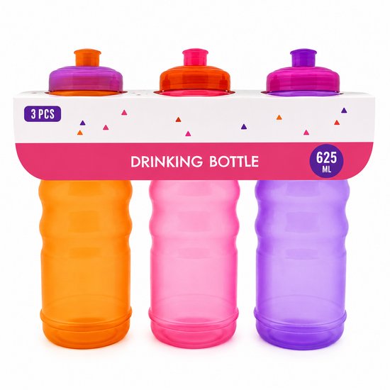 Benza Drinkflessen Set van 3 – 625 ml – Bidons / Sportbidons – Herbruikbare Waterflessen – Oranje, Roze & Paars – Voor School, Sport, Fitness & Onderweg