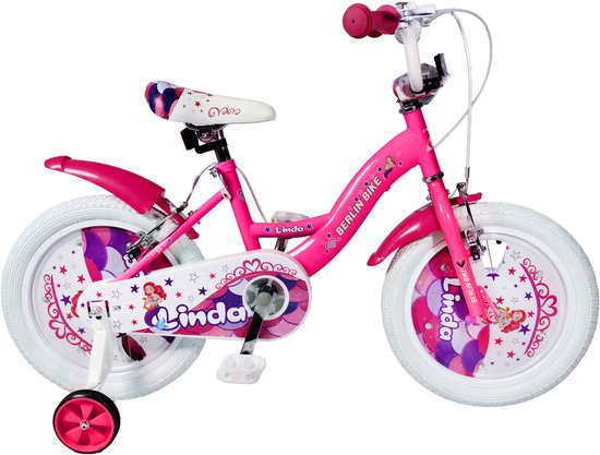 Berlin Bike Linda meisjesfiets 16 inch roze – zeemeermin – kinderfiets met zijwieltjes voor 4-, 5- en 6-jarige kinderen – fiets 16 inch van Merkloos