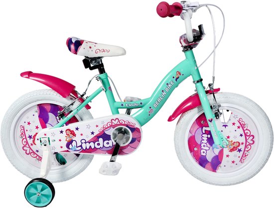 Berlin Bike Linda meisjesfiets 16 inch turquoise – zeemeermin – kinderfiets met zijwieltjes voor 4-, 5- en 6-jarige kinderen – fiets 16 inch