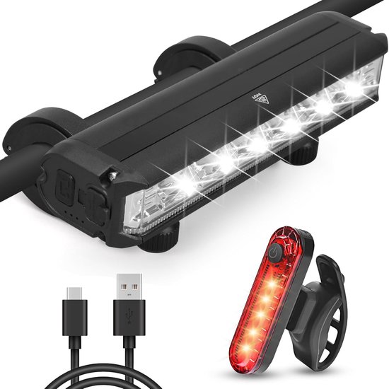 Bicycle Light Set, LED Bike Lights Front + Rear Light, USB Rechargeable, Type C, IPX6 Waterproof, 10,000 Lumens, Aluminium, Handlebar and Saddle Post Mount, Black, Waterproof