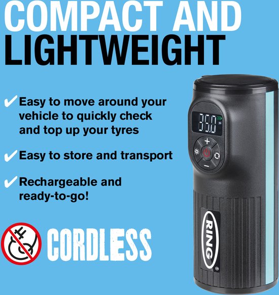 Bidon-compressor supercompacte sterke (tot 8,3 bar!) pomp met bidonhouder, voor fietsbanden, mountainbike, autobanden, motor, voetbal, camper, caravan, etc.