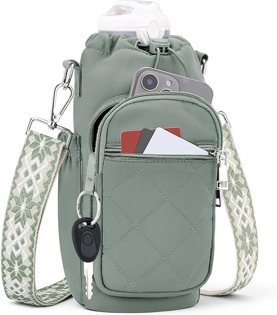 Bidonhouder – Bidondrager – Veldflestas – Opbergtas voor bidons met draagriem – Crossbody-bidontas met telefoonvak – 40 oz – Groen – Ideaal voor sport & outdoor