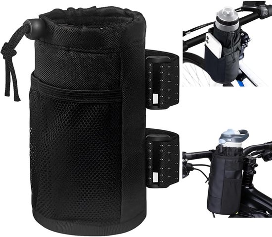 Bidonhouder Fiets - met Mesh Zakken Telefoon - fietsopbergtas - Flessenhouder - Bekerhouder - met Klittenband - voor Racefiets, Mountainbike, Kinderwagen en Buggy - Zwart