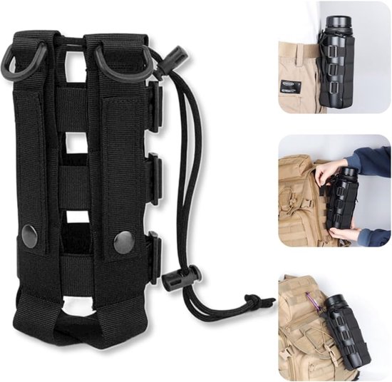 Bidontas - Bidonhouder - Tactische Bidonhouder voor Rugzak - Verstelbare Waterfles Tas - Systeem Fleshouder voor Riem - Duurzaam en Sneldrogend Nylon - Outdoor Drinkfles Tas met D-Ringen - Zwart