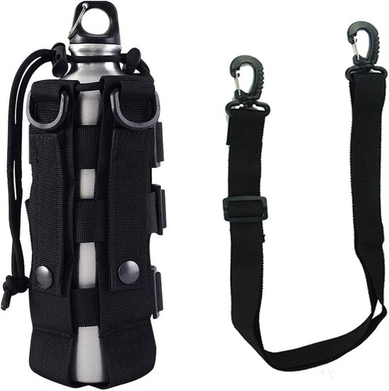 Bidontas - Tactische waterfles pouch - Bidonhouder - Met riemen - Verstelbare waterfleshouder - Flessenhouder - Waterdichte waterkoker tas houder - Water flessenzakken met trekkoord - Bergsportaccessoires - Voor wandelen camping reizen sport - Zwart