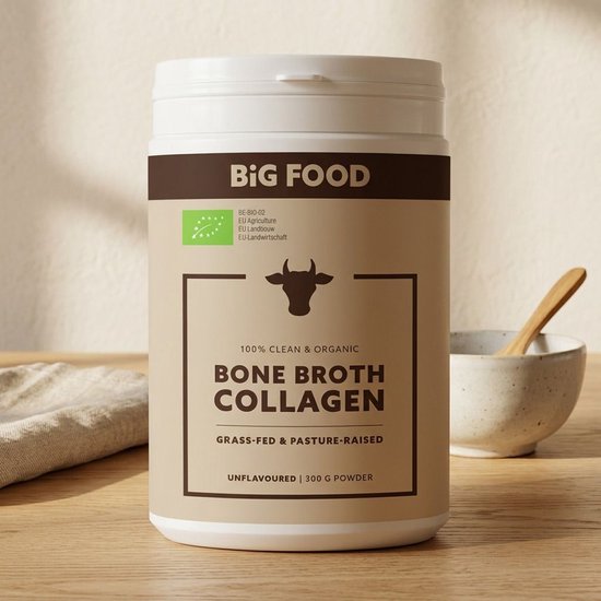 Big Food Bio Beef Bone Broth Collageen Poeder – Runder Bottenbouillon – 300 g – Eiwitrijk – Grasgevoerd Rund van Merkloos