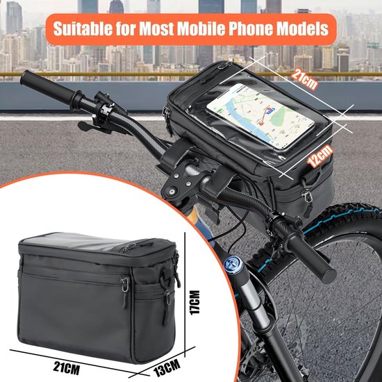 Bike Phone Holder Handlebar Bag - Waterproof Bicycle Bag with Touch Screen - Handlebar Adapter - Removable Shoulder Strap - for Bike E-Bike and Electric Bikes van Bike
