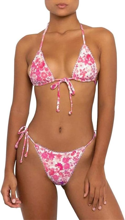Bikini dames set tweedelige haltertop triangel sexy string badpak badmode zijdelingse vetersluiting